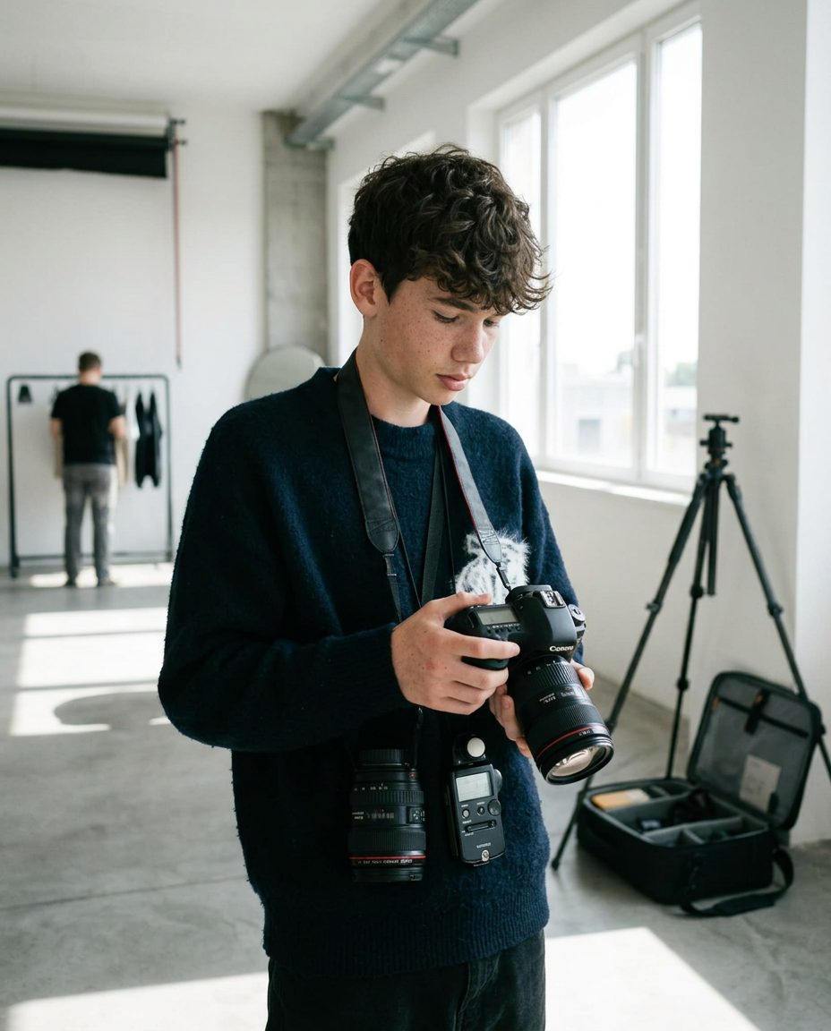 Olly Mackay checking a camera on location during a Lense shoot